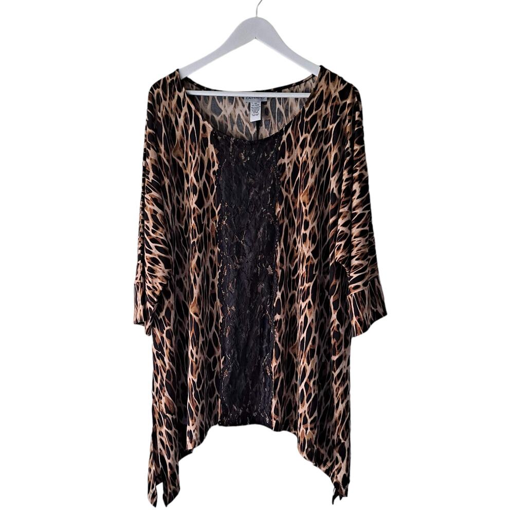 Catherines Brown & Black Animal Print Lace Trim Short Sleeve Top - Size 2X 22/24